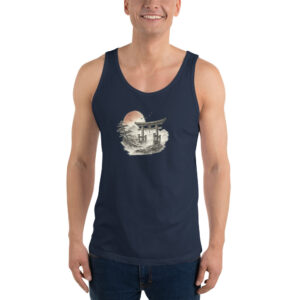 Japanese Tank Top featuring a vintage Torii gate, mountains, bonsai tree, birds, and rising sun artwork.