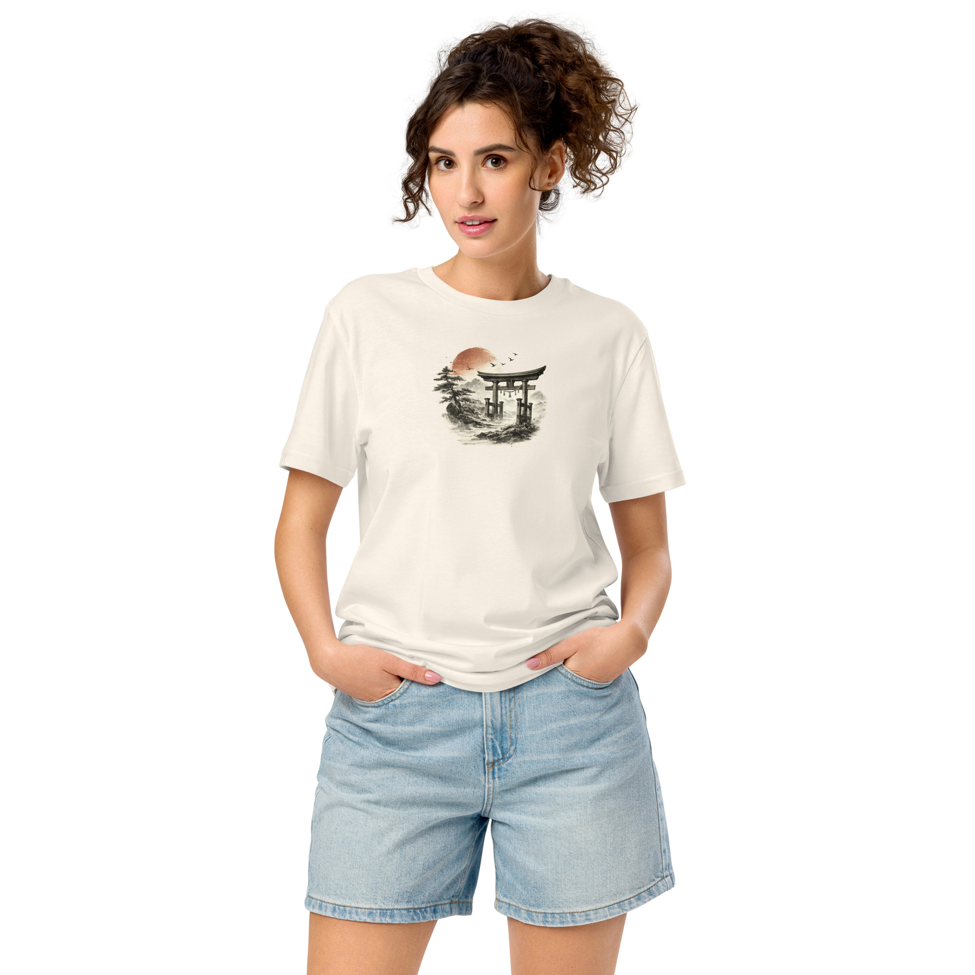 Japanese Torii T-Shirt with sumi-e landscape artwork