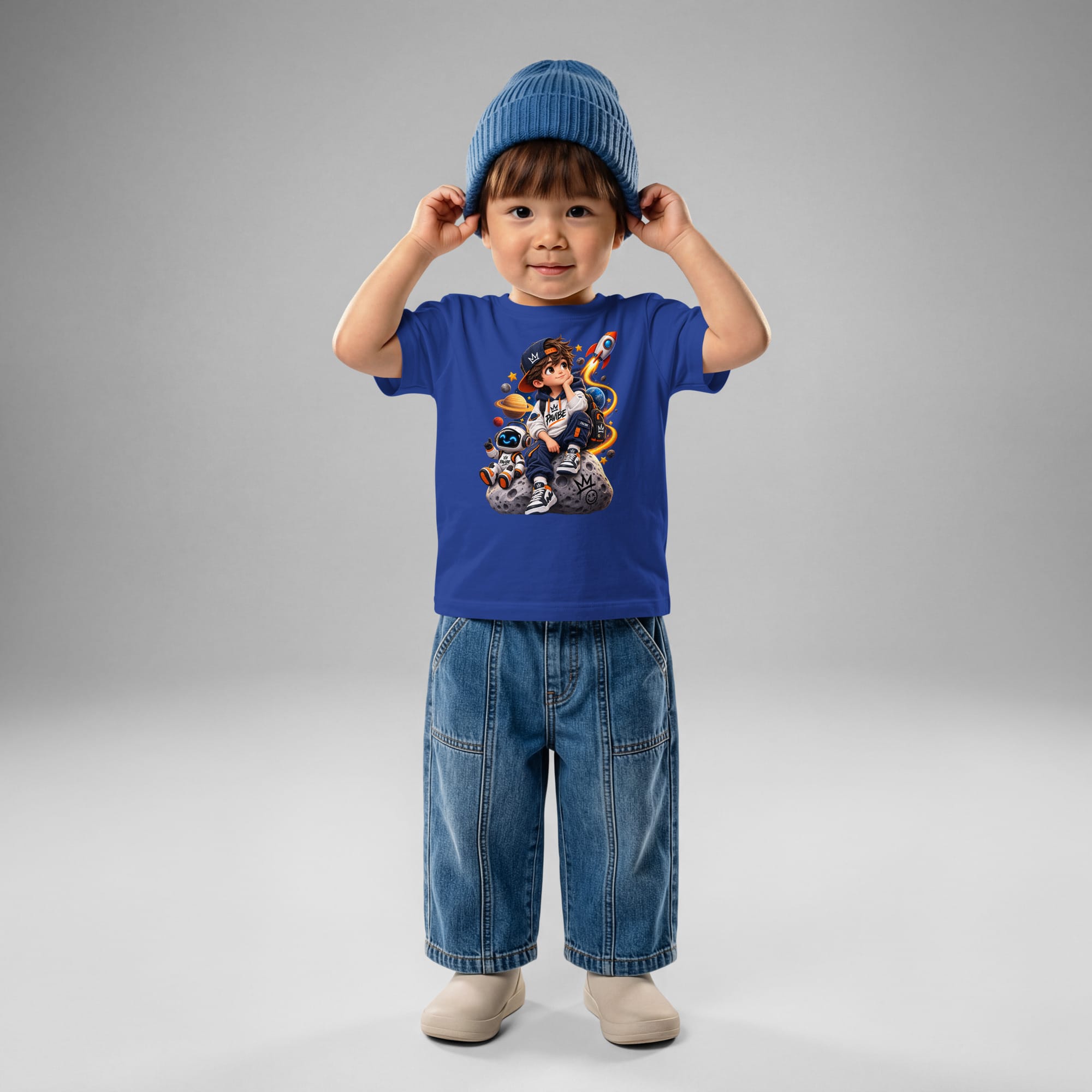 PAVIBE kids space t-shirt with astronaut robot rocket and planets graphic