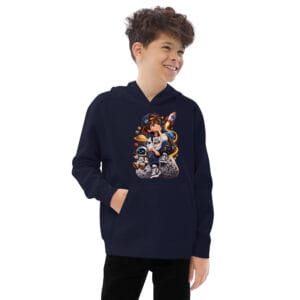 PAVIBE kids fleece hoodie with space explorer robot rocket and planets graphic