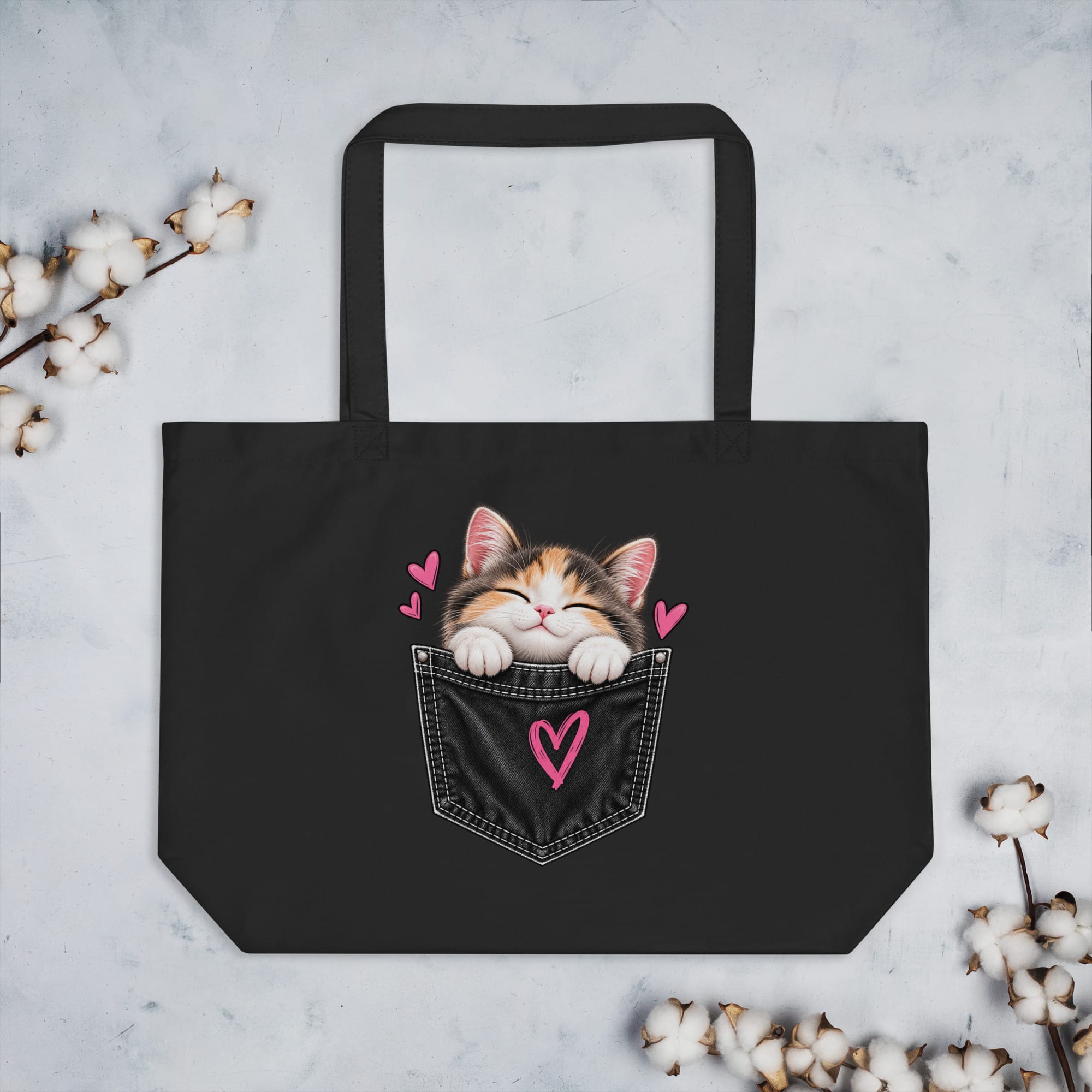 Large Organic Tote Bag | Cute Cat Pocket Design | Pavibe - Image 2