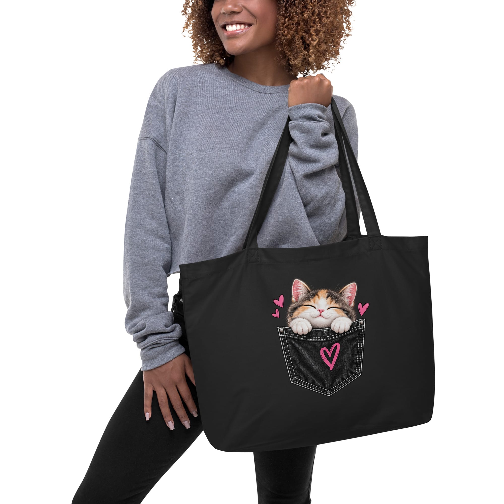 Large Organic Tote Bag | Cute Cat Pocket Design | Pavibe - Image 4