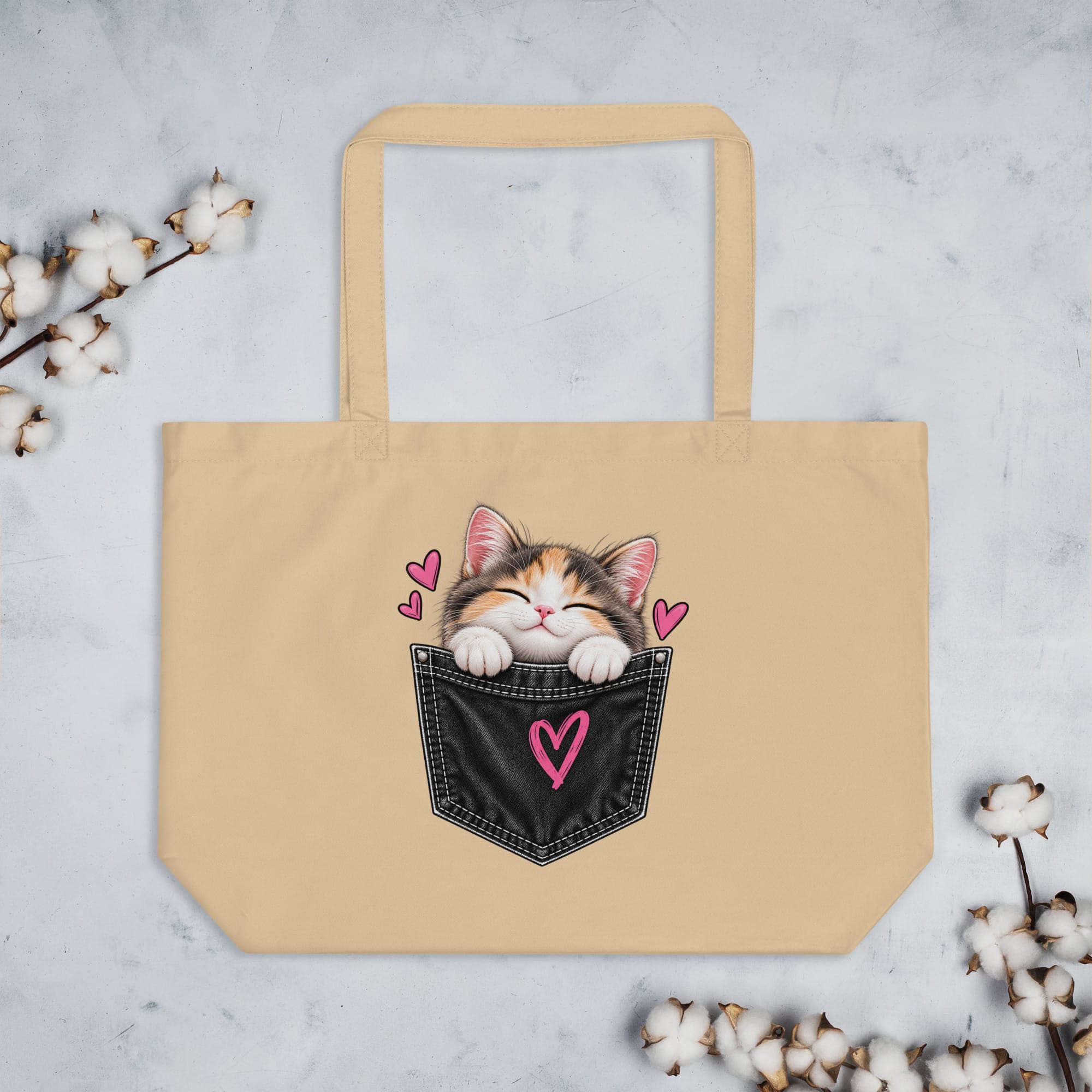 Large Organic Tote Bag | Cute Cat Pocket Design | Pavibe - Image 3