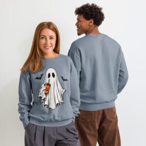 Ghost Halloween sweatshirt with pumpkin drink and bats