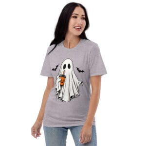 Halloween ghost t-shirt with pumpkin drink and bats